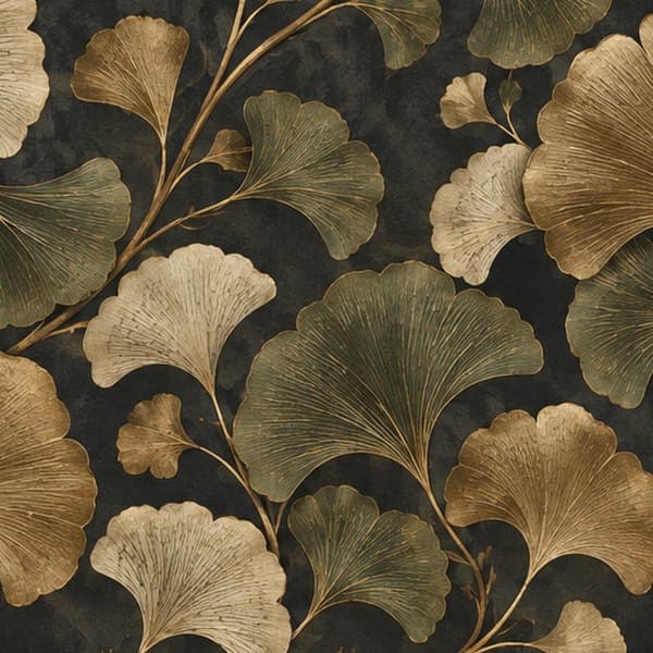 Detail: ginkgo-patroon in donker en goud