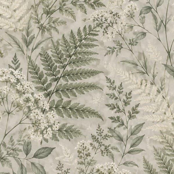 Detail: varens en schermbloemen in saliegroen