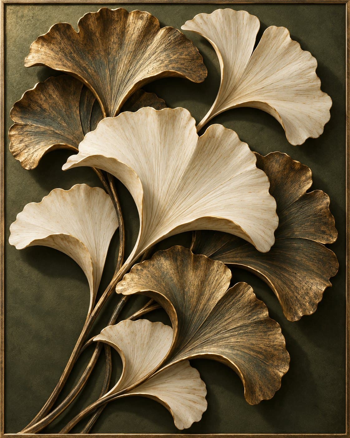 Ginkgo in goud en ivoor: op de muur geprint en omlijst met een echte sierlijst