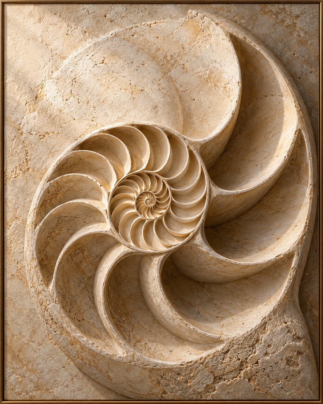 Nautilus in steen: op de muur geprint en omlijst met een echte sierlijst