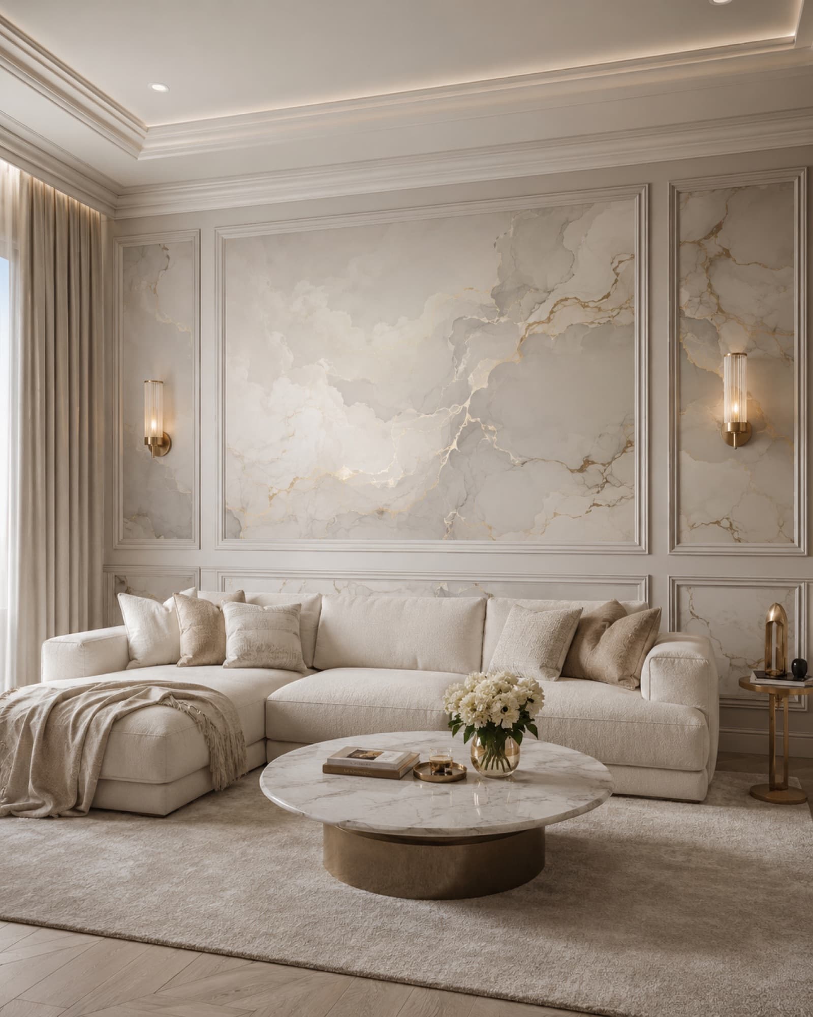 Woonkamer als compleet wanddesign: sierlijsten, lambrisering en een marmerprint in de wandvakken