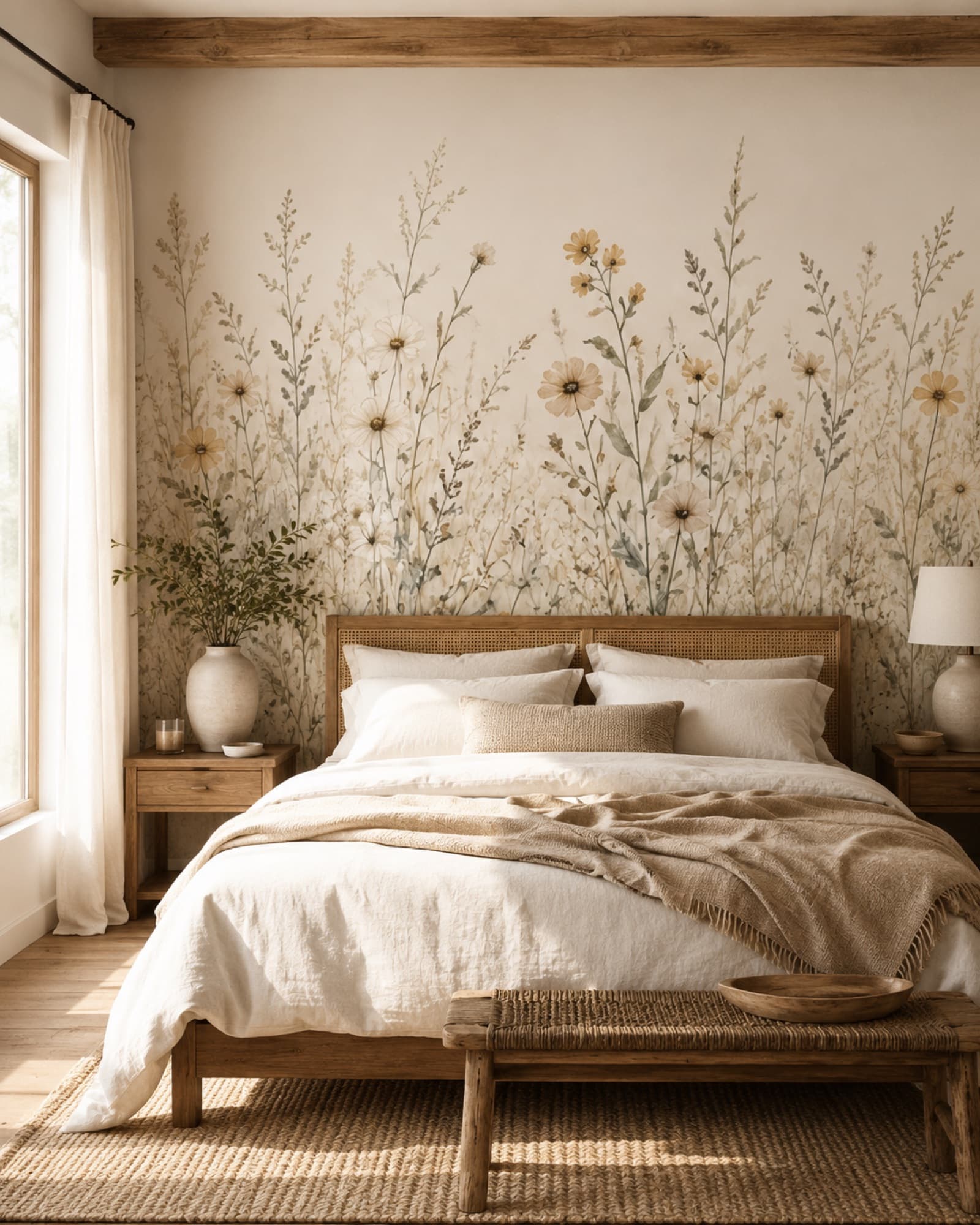 Slaapkamer met wilde grassen en bloemen als vrije muurprint boven het bed