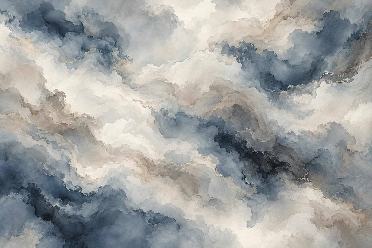 Aquarelwolken in blauw en crème: muurprint zonder kader, geprint op de muur