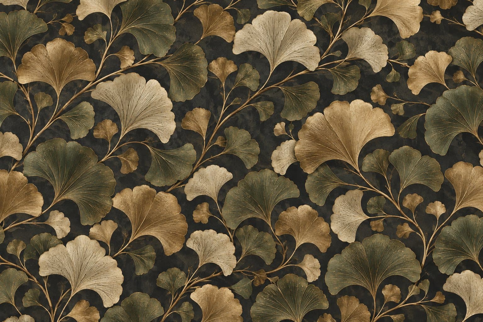 Ginkgo-patroon in donker en goud: muurprint zonder kader, geprint op de muur