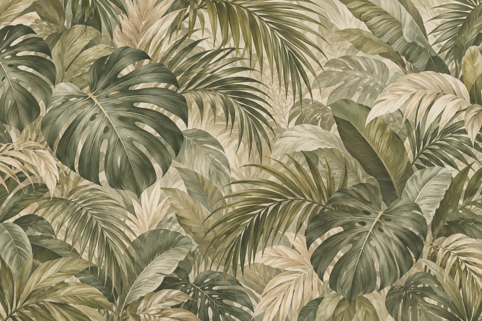 Jungle in olijfgroen: muurprint zonder kader, geprint op de muur