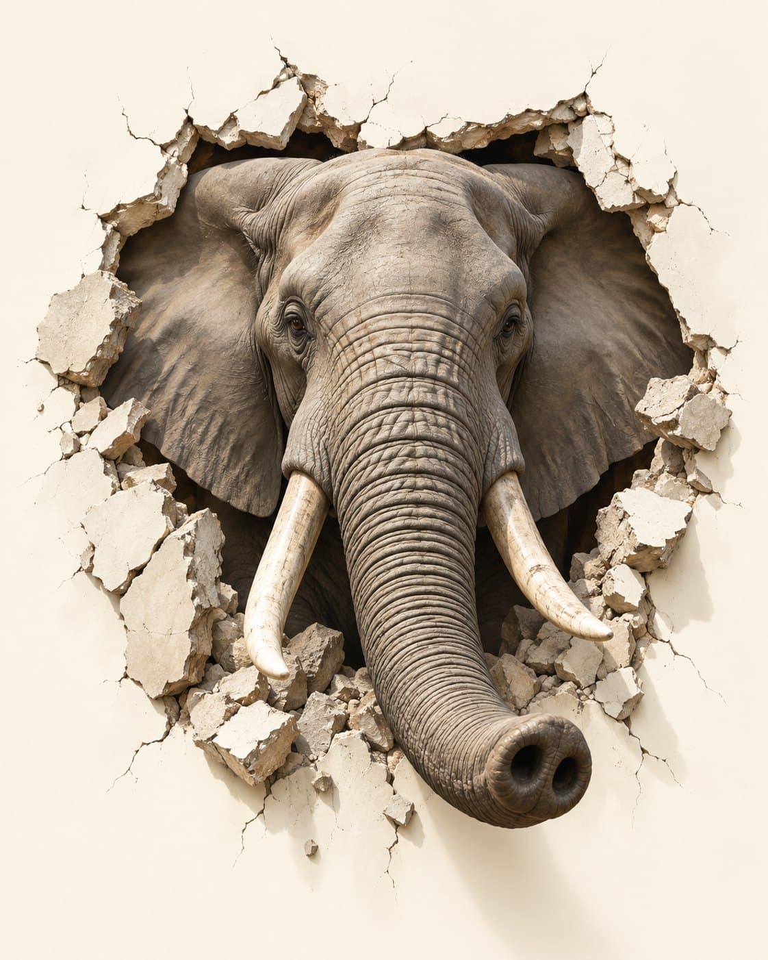 Olifant door de muur: muurprint zonder kader, geprint op de muur