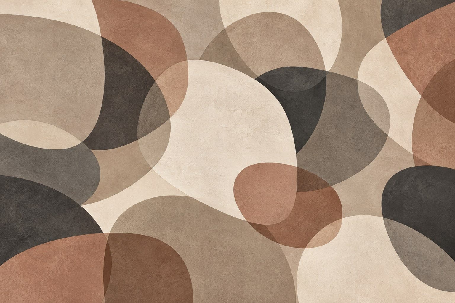 Overlappende vormen in terracotta en antraciet: muurprint zonder kader, geprint op de muur