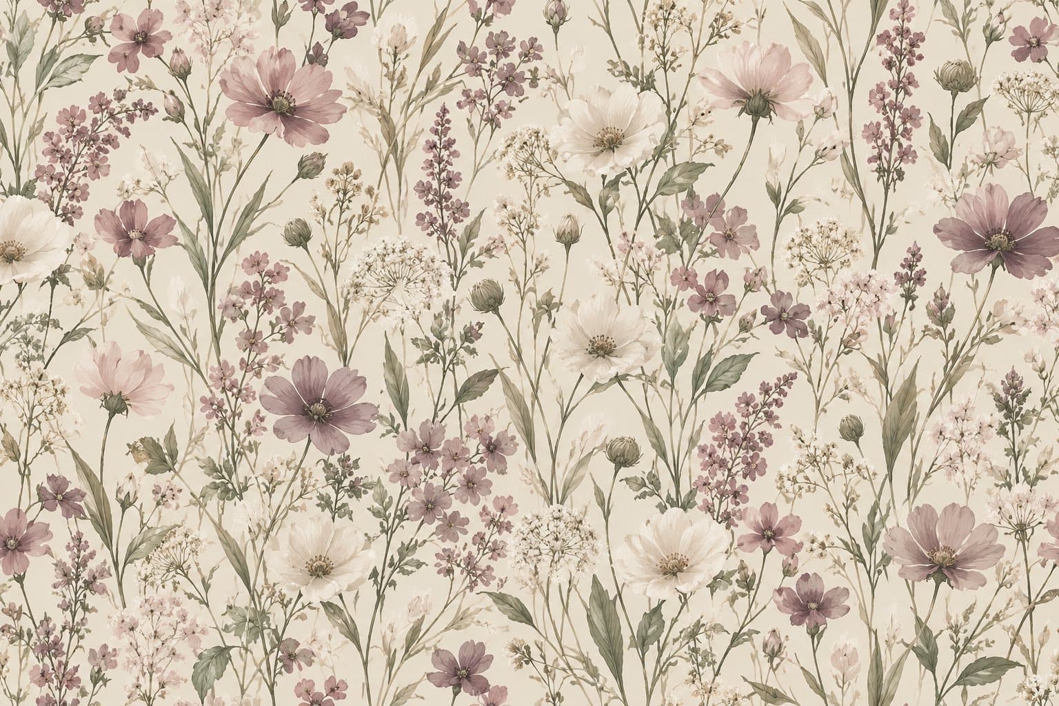 Wilde bloemen in oudroze: muurprint zonder kader, geprint op de muur