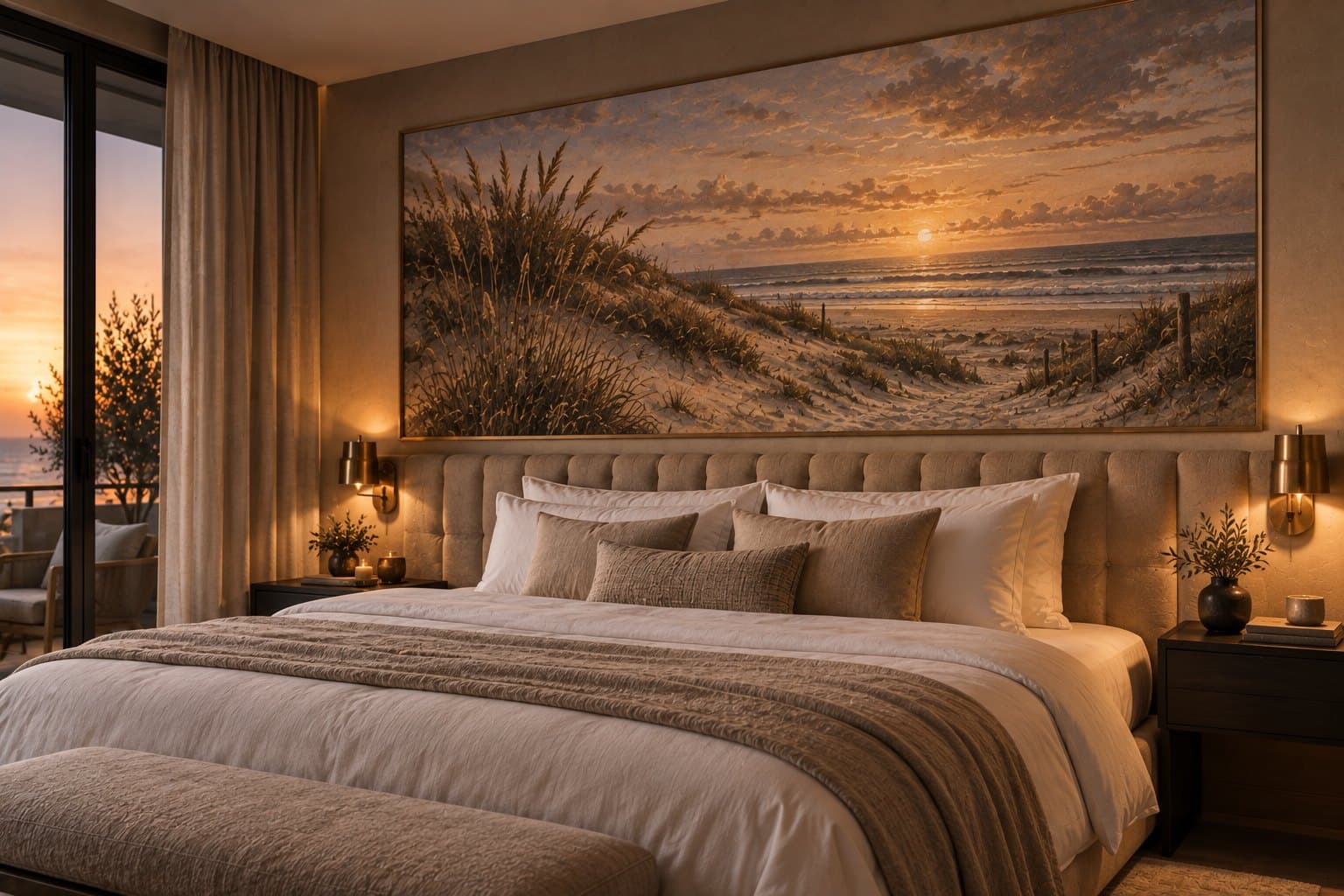 Hotelkamer met een duinlandschap boven het bed in avondlicht