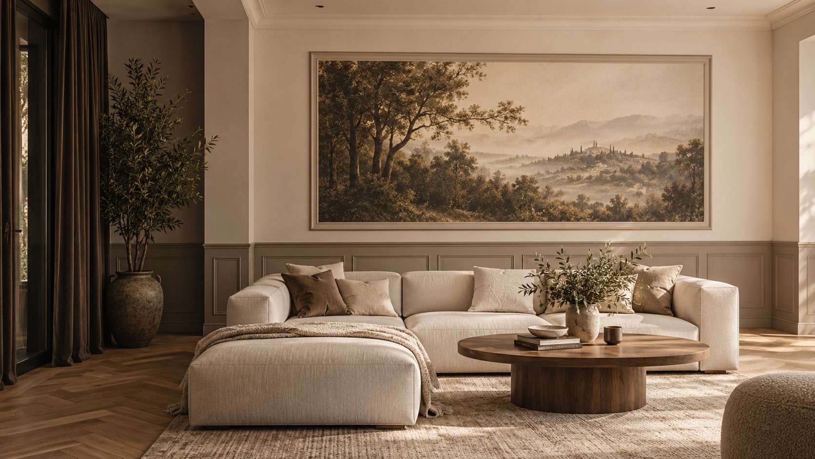 Woonkamer met een Toscaans landschap als muurprint over de bank