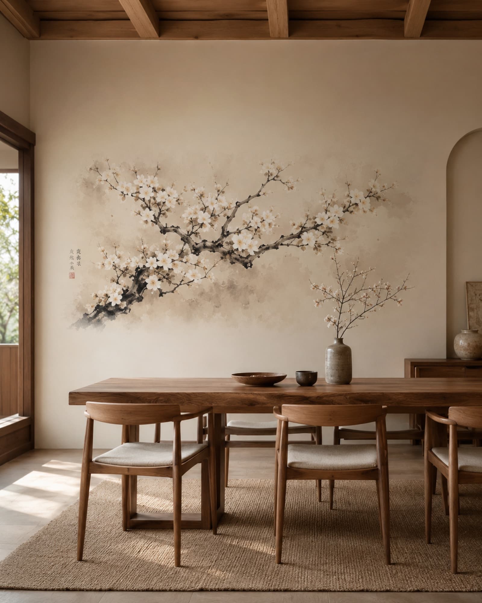 Designconcept: Bloesemtak als muurprint, eetkamer (visualisatie)