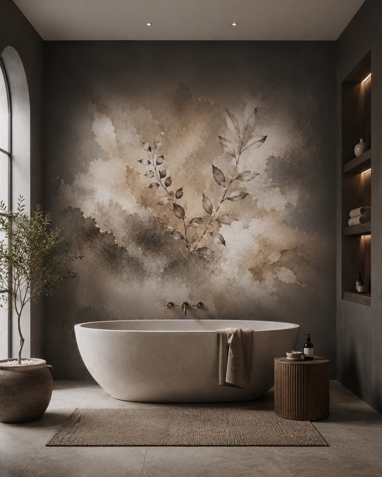 Designconcept: Botanisch donker als muurprint, badkamer (visualisatie)