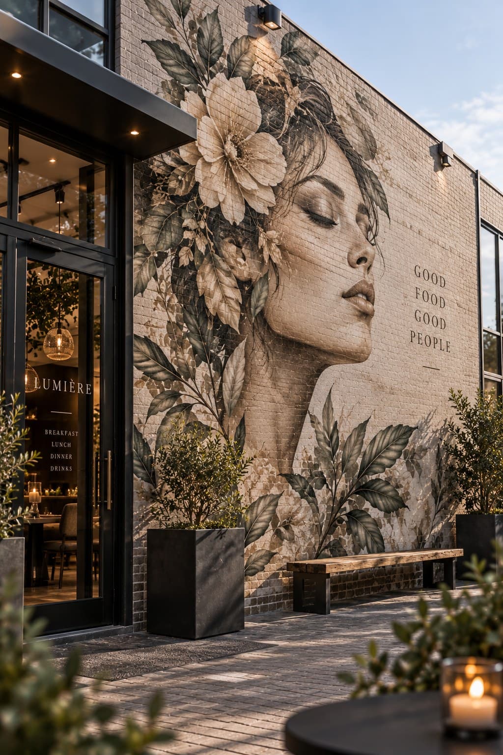 Bakstenen gevel van een restaurant met een grote botanische muurschildering van een vrouwengezicht tussen bloemen en bladeren