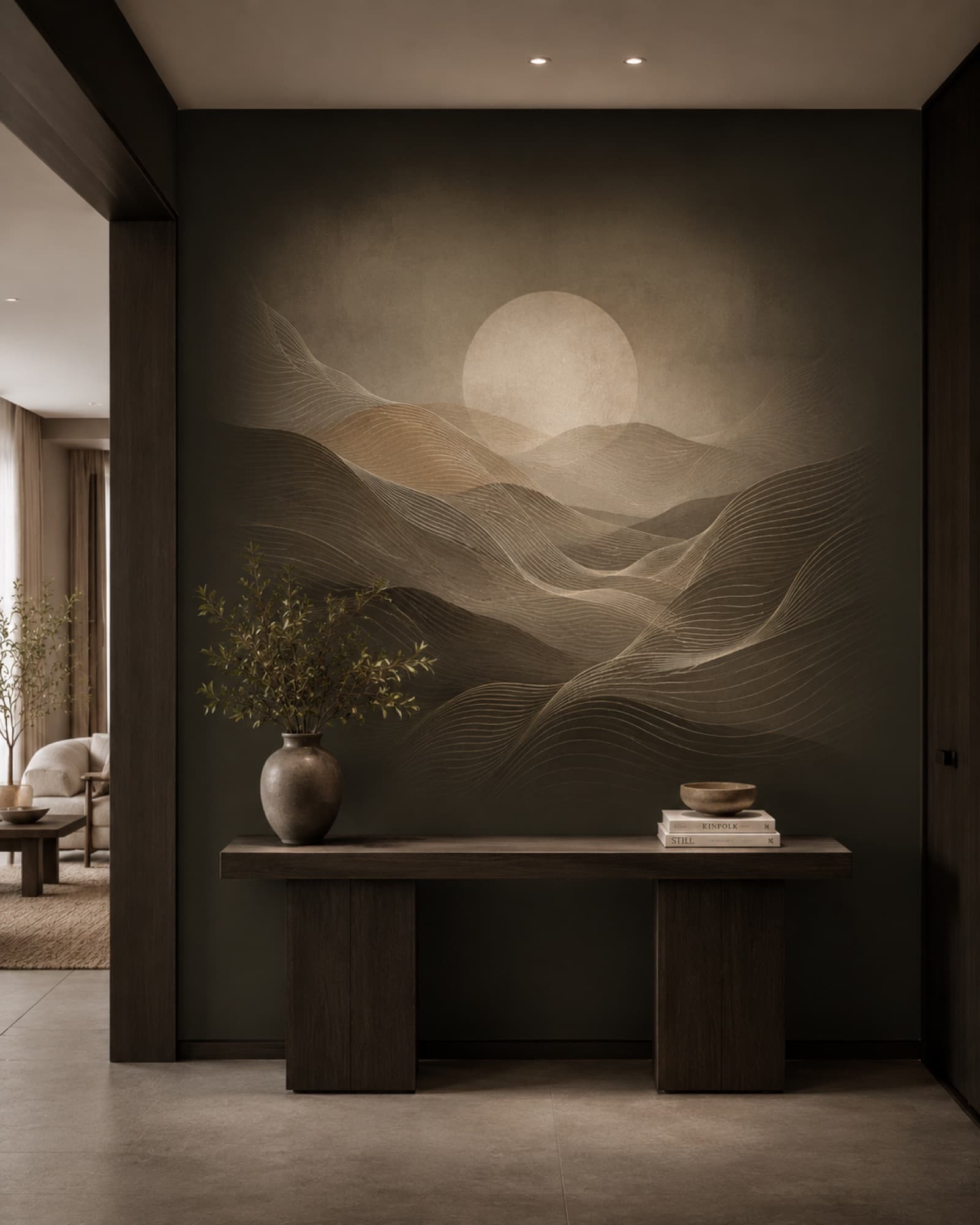 Designconcept: Maan en duinen als muurprint, hal (visualisatie)