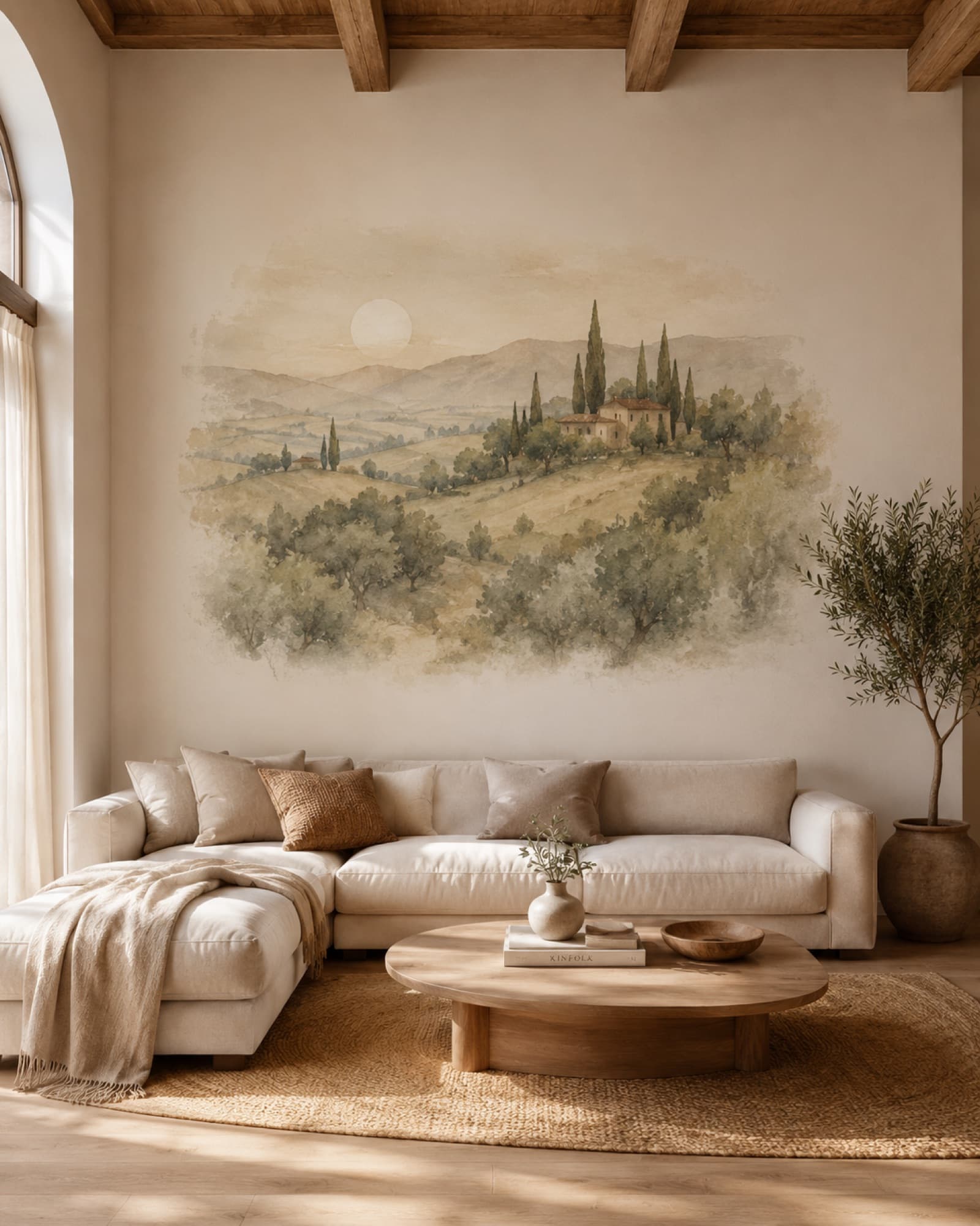 Lichte woonkamer met een Toscaans landschap als vrije muurprint boven de bank